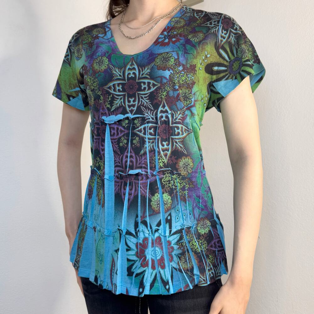 Y2K Blue Tie Dye Graphic Top Large Petite Fairy Psychedelic Art Boho Bright